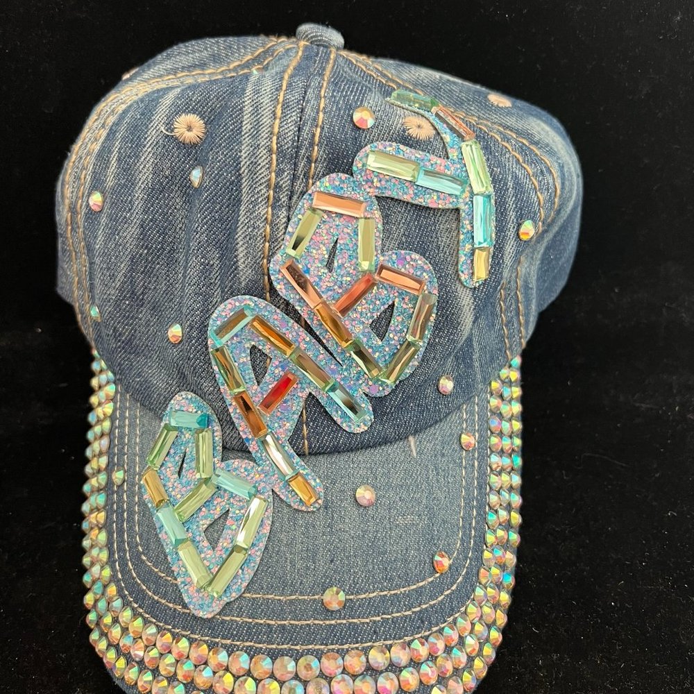 BABY Jeweled Studs Denim Baseball Cap Womens Hat Blue Cindy Claire Tag Adjustabl